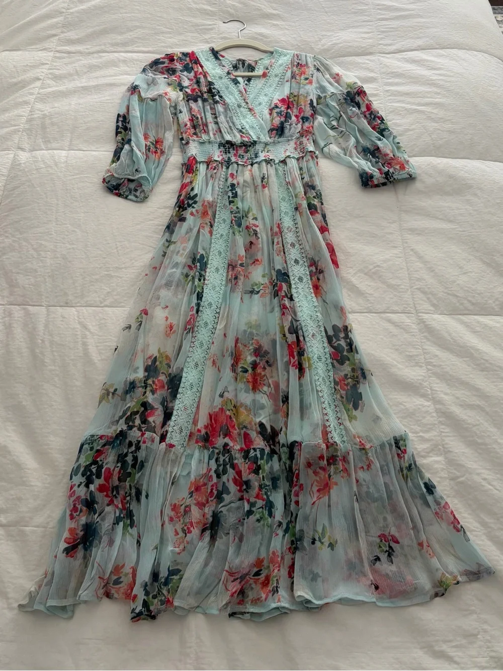 Sundance Mint Blue Floral Maxi Dress with Lace Inset - Picture 1 of 5
